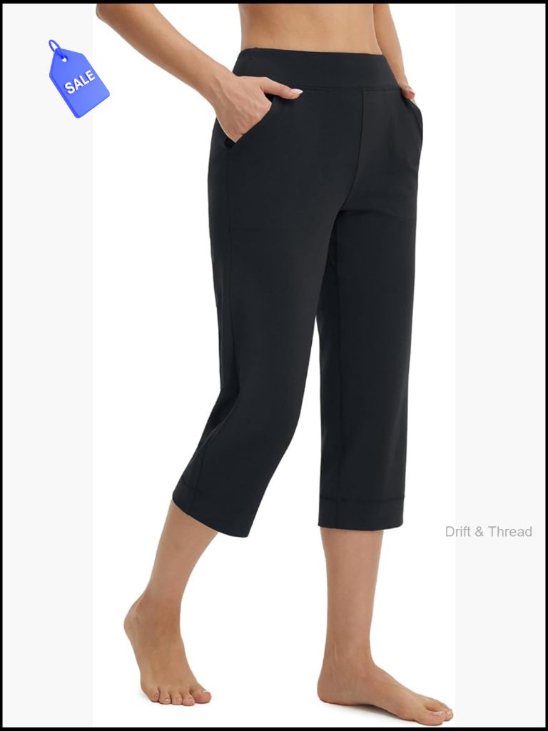 High Waisted Straight Leg Yoga Capris With Pockets 21" Crop Workout Pants
